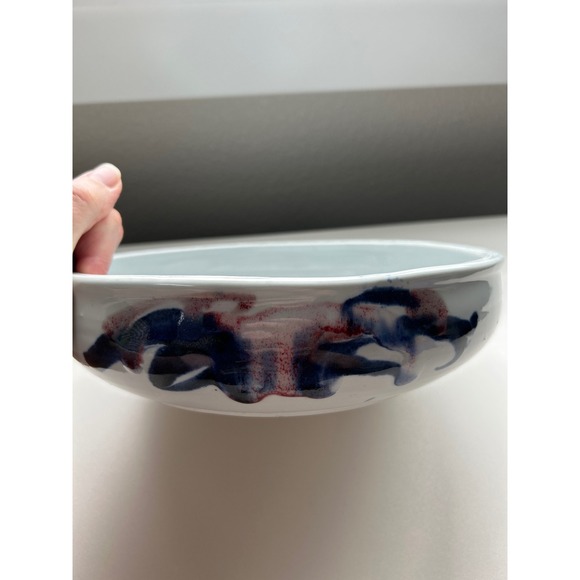 Handmade Ceramic Bowl Abstract Blue Red Glaze Signed Artist Pottery Dish 9.5" - Picture 2 of 5